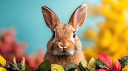 Fototapeta premium A cute rabbit poses amidst vibrant foliage, embodying the beauty of nature and the playful spirit of wildlife, perfect for animal lovers and those appreciating seasonal changes.