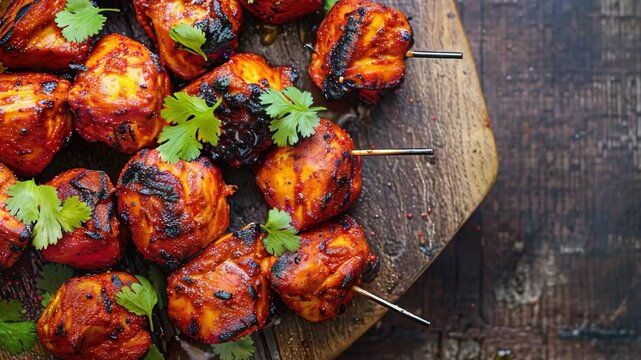 Steam hot roasted chicken tikka on wooden background, 4k video