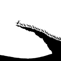 Obraz premium A black and white photograph of a line of ants forming a continuous, winding trail up a steep, dark cliff against a stark white background.