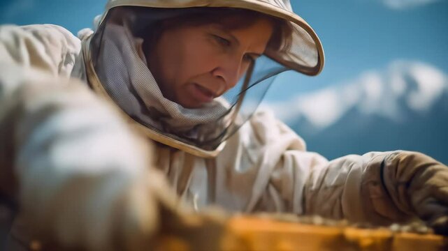 Beekeeper inspecting a honeycomb frame in an outdoor apiary