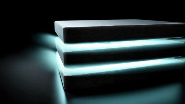 Modern stacked memory foam mattresses with glowing edges, representing advanced sleep technology for ultimate comfort.