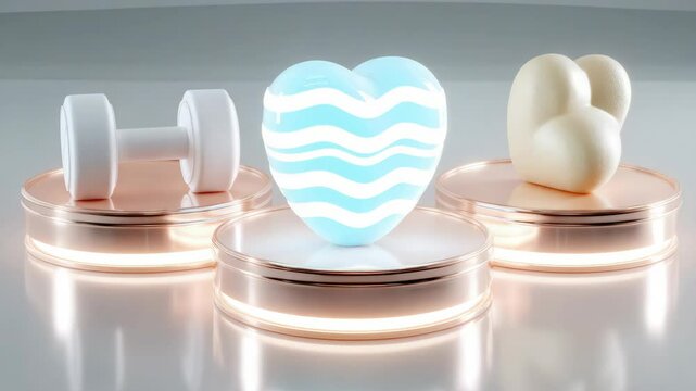Stylish fitness and wellness items featuring a heart dumbbell, a blue heart-shaped object, and a cream-colored heart.
