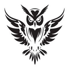 Obraz premium Stylized black owl silhouette with wings spread wide on white background