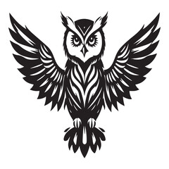 Obraz premium Stylized black owl with wings spread wide against white background