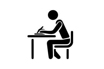 a person sitting at a desk writing black icon black, desk, icon, man, person, sit, student, table, write , Generative art.