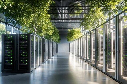 Data center corridor with server racks and trees, concept for green computing and sustainability.