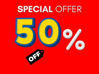 Special offer fifty percent off discount tag on bright red background
