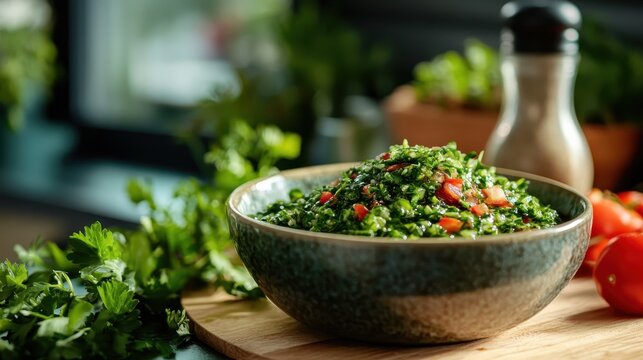 A deliciously arranged bowl of tabouli salad filled with fresh herbs, tomatoes, and a drizzle of olive oil, symbolizing healthy eating and the joy of vibrant flavors in cuisine.