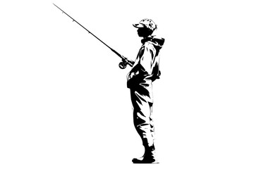 Obraz premium a black and white drawing of a man or fisherman standing with a fishing rod in his hand black, boy, drawing, fish, fisherman, fishing rod, hand, man, person, silhouette, stand , Generative art.