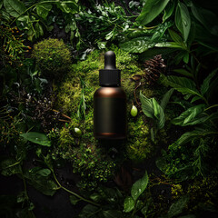Advertising Photo of Luxurious Natural Skincare Serum Bottle Among Herbs and Moss with Dew Drops