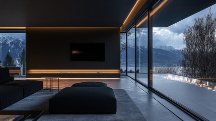 Modern living room with panoramic mountain view.