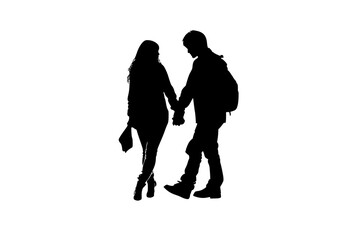 a black and white silhouette of a young man and woman holding hands black, couple, hand, hold, man, people, silhouette, walk, woman, young , Generative art.