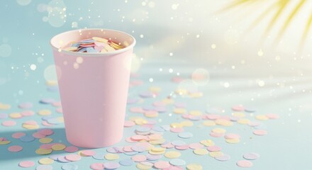 Pastel confetti in pink cup on blue background