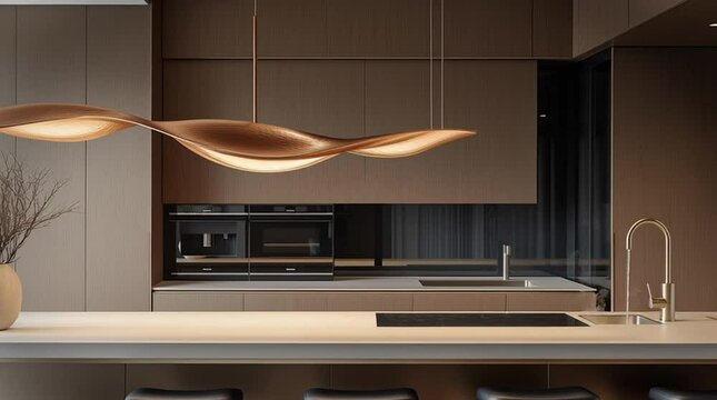 Modern kitchen interior with island and a unique wood wave shaped pendant light fixture.