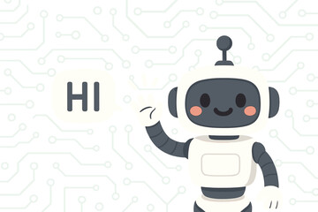 Flat vector illustration of a cute smiling robot chat bot saying hi with a greeting circuit background in a horizontal banner and copy space
