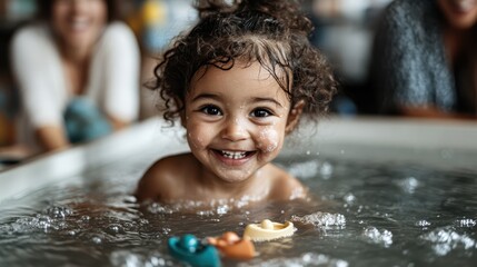 A joyful child with curly hair plays and splashes happily in a bathtub surrounded by bubbles and smiles, encapsulating pure happiness and the love of family bonding time.