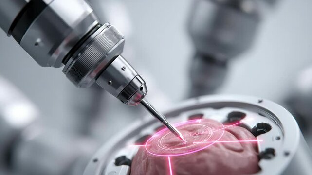 Advanced robotic arm performing precision work on a circular device with laser guidance, showcasing technology innovation.