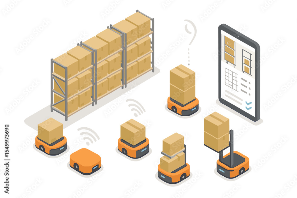 Poster concept of 3d isometric automated warehouse robots and intelligent warehouse technology with integra