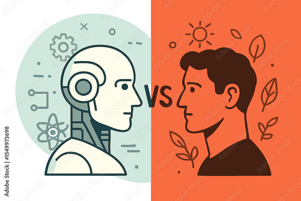 Poster vs human’ is an illustration in a flat style depicting a robot and a human head facing each other on