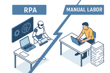 Fototapeta premium The concept of RPA versus manual labor is depicted through an isometric flat vector illustration, highlighting robotic process automation, AI, , and machine learning