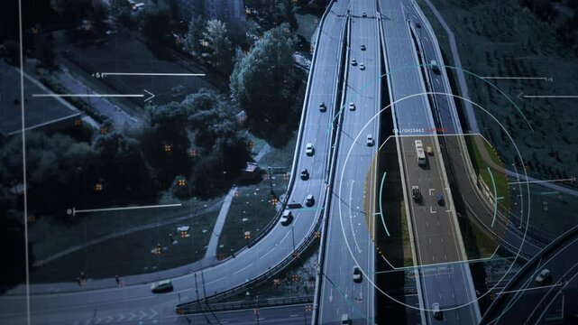 Military Drone Tracking A Car Driving On Turnpike And Transferring Video Footage To Software. Zoom In. Military Forces Pursuing Criminals. Military Surveillance Over Suspected People To Stop Crime.