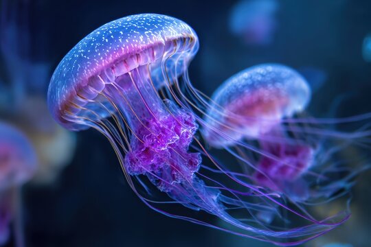 Close-up view of vibrant purple and blue jellyfish in an aquarium setting.