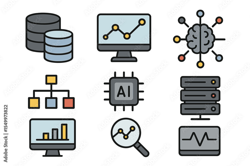 Poster a collection of data analytics icons is available, featuring big data analysis technology symbols, i