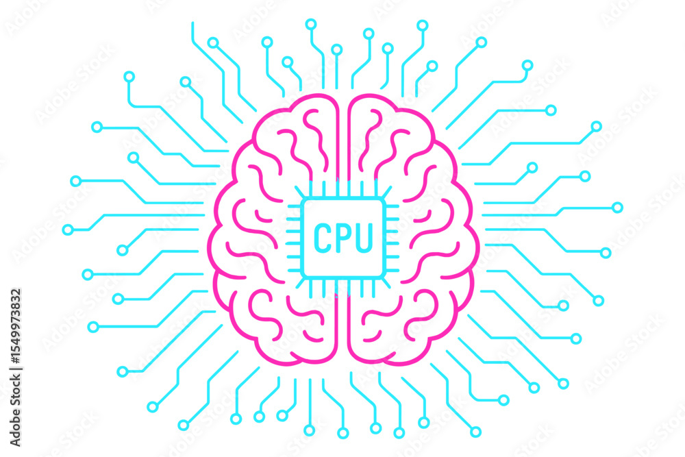 Poster the image features a neon brain, cpu, and circuit board set against an abstract technology backgroun