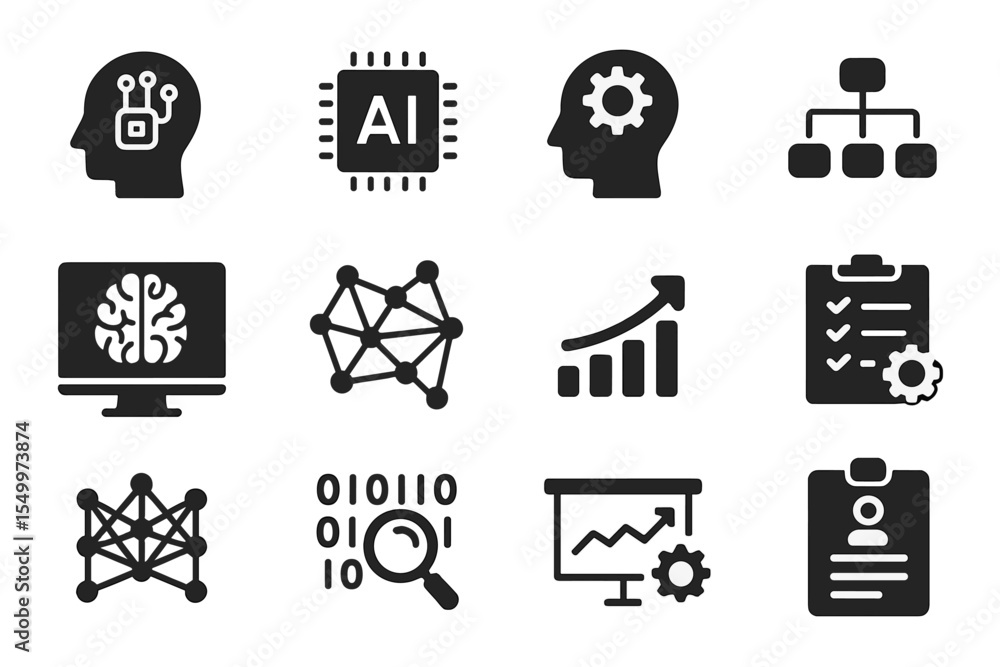 Poster a collection of vector solid icons pertaining to , machine learning, data science, and analytics, su