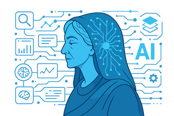 Store an image representing a wise woman in your , accompanied by an AI conceptual futuristic blue banner, cybernetics mind analysis data, neuron network information processes, and an interface