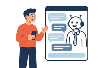 Concept of chatbot ai and customer service, featuring a young man conversing with a chatbot on a large user interface, utilizing a virtual assistant via messaging for customer support and assistance