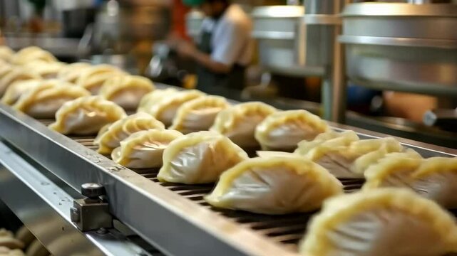Freshly made dumplings lined up on a conveyor belt in a modern food processing facility for mass production and packaging