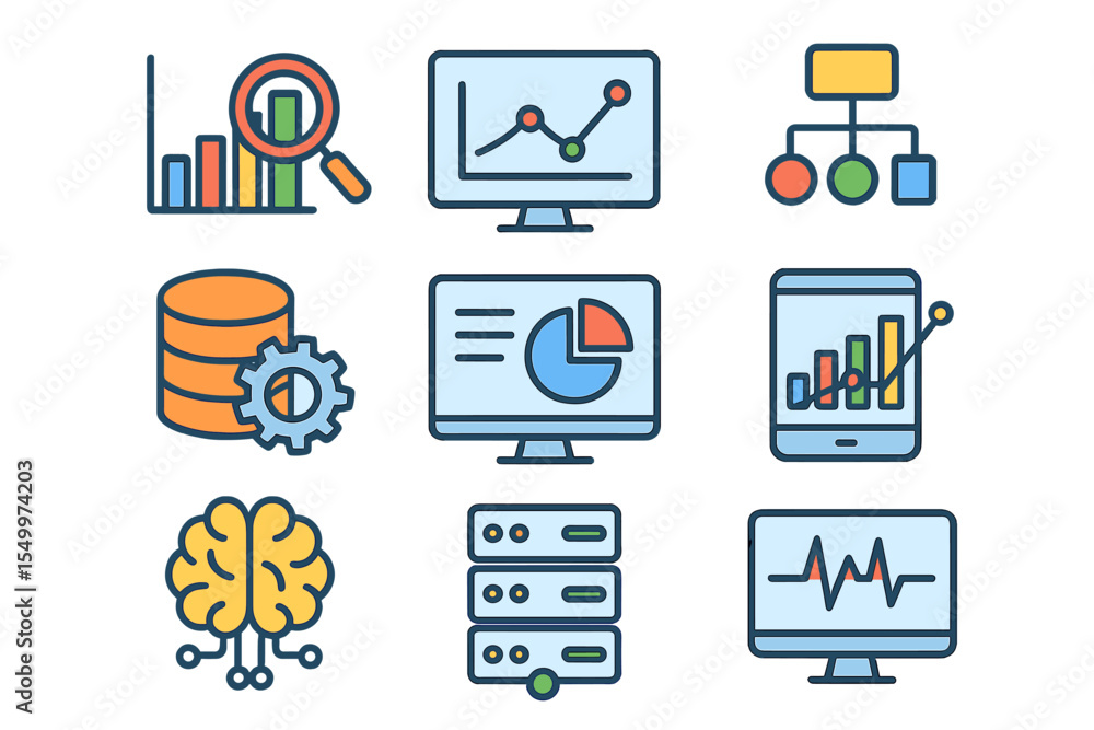 Poster a set of web icons in line style is available for data analytics, including data analysis icons suit