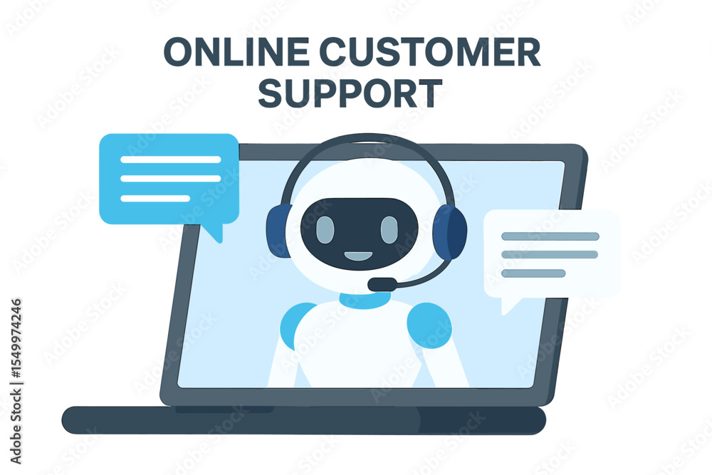 Poster modern vector illustration in flat style depicting a robot assistant and online customer support thr