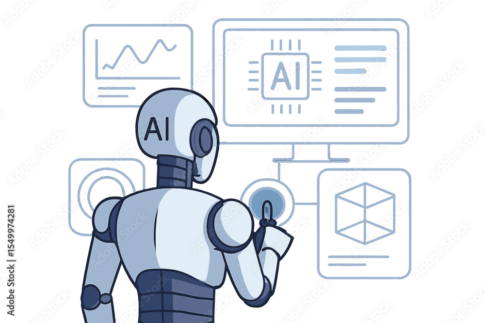 Poster a robot equipped with ai is positioned with its back to the viewer, interacting with an industrial 3