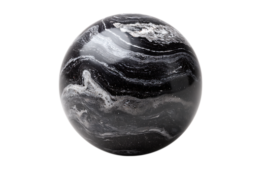Abstract marble sphere, black and white swirls.