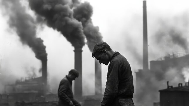 A captivating black-and-white image featuring factory workers immersed in their tasks, highlighting the grit and determination of a bygone era. The industrial background emphasizes the hard work and 