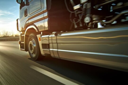 Fuel tanker truck in motion on highway at sunset. Transportation and logistics concept. Close up shot.