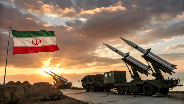 Iranian military missiles on launch trucks at sunset with flag