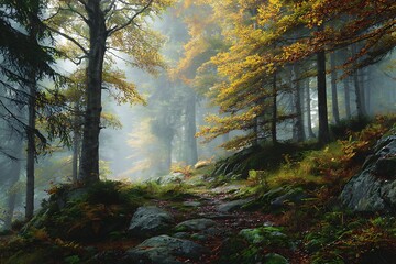 Obraz premium Mystical Autumn Forest Path Through Fog, Golden Leaves and MossCovered Rocks Landscape