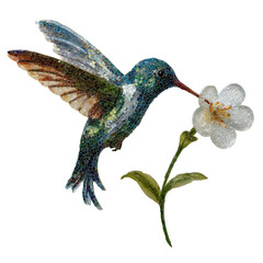 Obraz premium Colorful vector illustration of a hummingbird in flight near a flower, showcasing its delicate wings and vibrant feathers