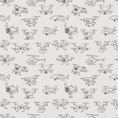 Seamless vector pattern of hand-drawn drones in a playful sketch style. Can be used for wallpaper, pattern fills, textile, web page background, surface textures.