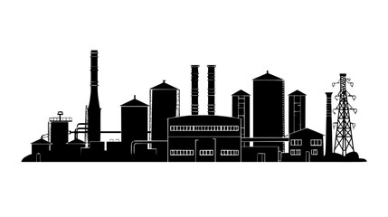 Obraz premium the black silhouette of industrial plants and buildings on a white background black, building, city, factory, industrial, plant, silhouette , Generative art.