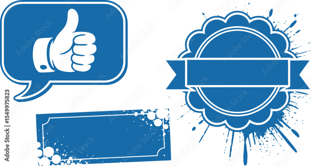Poster blue vector graphics design elements pack with thumb up like icon and banner frames for graphic desi