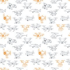 Seamless vector pattern of hand-drawn drones in a playful sketch style. Can be used for wallpaper, pattern fills, textile, web page background, surface textures.