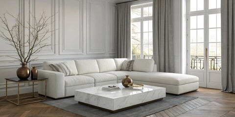 Elegant Living Room Interior Design with Modern Sectional Sofa and Marble Coffee Table