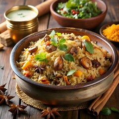 Traditional dish of mixed rice with meat and vegetables served in a rustic bowl on a wooden surface. Aromatic and flavorful dish with spices and herbs. ready to be enjoyed.