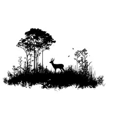 a black silhouette of a deer standing in the woods black, deer, forest, grass, silhouette, stand, tree, wood , Generative art.