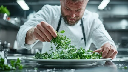 A skilled chef meticulously garnishing a fresh salad with vibrant greens, showcasing culinary artistry and the joy of creating delicious, healthy food in a professional kitchen.