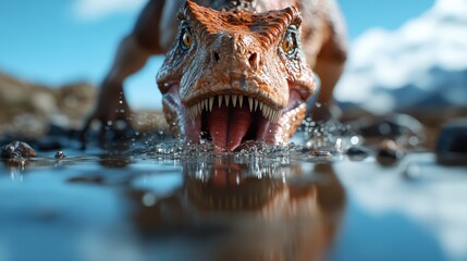 Obraz premium This exhilarating close-up depicts a fierce dinosaur in action, showcasing its sharp teeth and primal energy as it emerges from the water, representing power and intensity.